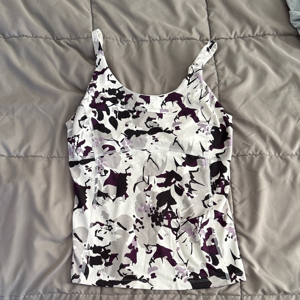Floral Print Women's Athletic Top w shelf bra - Black white and Purple